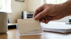 A hand placing a business card into a