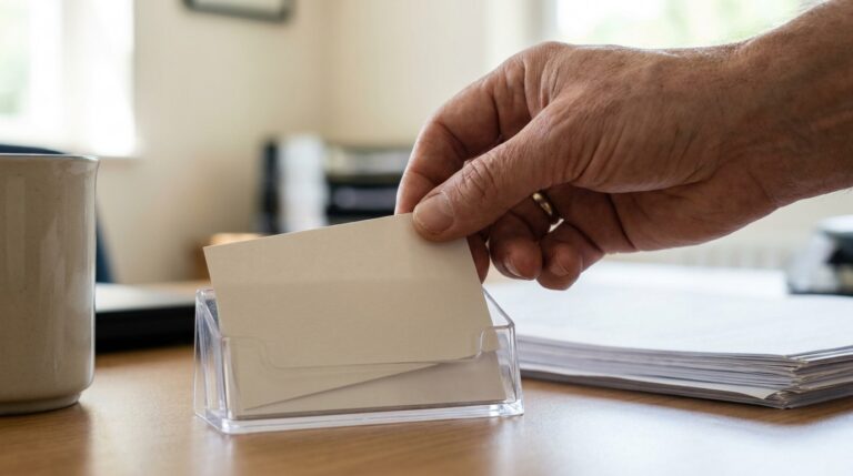 A hand placing a business card into a