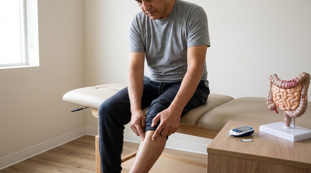 A person with white or Latino skin tone sits on a padded treatment table in a neutral, modern clinic room. They are actively pressing their fingers into a point on their lower leg, performing self-acupressure. On a nearby side table, a glucose monitor and an anatomical model of the human digestive system are visible.