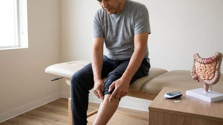 A person with white or Latino skin tone sits on a padded treatment table in a neutral, modern clinic room. They are actively pressing their fingers into a point on their lower leg, performing self-acupressure. On a nearby side table, a glucose monitor and an anatomical model of the human digestive system are visible.