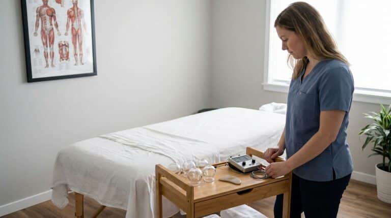 A modern acupuncture treatment room features a padded table with fresh linens. A rolling cart beside it holds cupping cups, a gua sha tool, and an electroacupuncture device. A white or latino practitioner in clinical wear stands nearby, with a generic anatomical chart displayed on the wall.