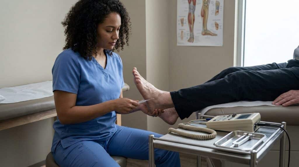 A white or latino practitioner in clinical wear is seated beside a white or latino patient on a padded treatment table, carefully pressing a monofilament against the sole of the patient's foot. On a nearby rolling cart, an electroacupuncture device with leads coiled neatly sits beside a small, sterile tray holding a tuning fork. An anatomical chart depicting the lower leg and foot, highlighting nerve pathways, hangs on the wall.