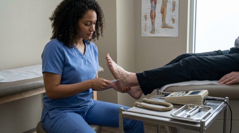 A white or latino practitioner in clinical wear is seated beside a white or latino patient on a padded treatment table, carefully pressing a monofilament against the sole of the patient's foot. On a nearby rolling cart, an electroacupuncture device with leads coiled neatly sits beside a small, sterile tray holding a tuning fork. An anatomical chart depicting the lower leg and foot, highlighting nerve pathways, hangs on the wall.