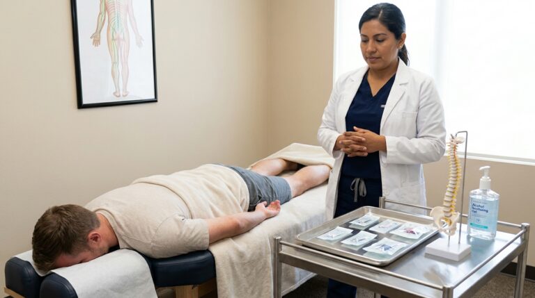 A white or latino practitioner in professional clinical attire stands beside a white or latino patient resting on a padded treatment table in a modern, well-lit acupuncture clinic. On a nearby rolling cart, a sterile tray holds several sealed packages of acupuncture needles and a small anatomical model of the human spine. The adjacent wall features a clear anatomical diagram illustrating nerve pathways, emphasizing the clinic's focus on neurophysiology.
