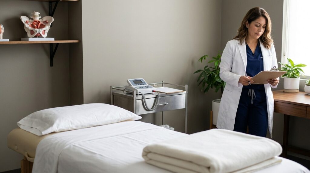 A modern acupuncture treatment room features an empty, padded table with fresh white linens. An electroacupuncture device rests on a nearby rolling cart, and an anatomical model of the female reproductive system is displayed on a wall shelf. A white or latino practitioner in clinical wear reviews a chart on a clipboard, indicating a professional medical setting.