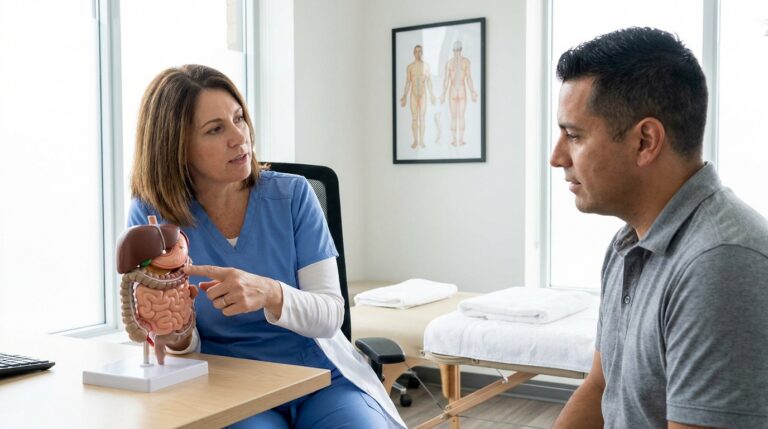 A practitioner in clinical wear sits opposite a patient in a bright, modern consultation room. On the desk between them, the practitioner gestures towards a detailed anatomical model of the human digestive tract, while an acupuncture meridian chart is visible on the wall behind them. A padded treatment table with fresh linens is visible in the background.