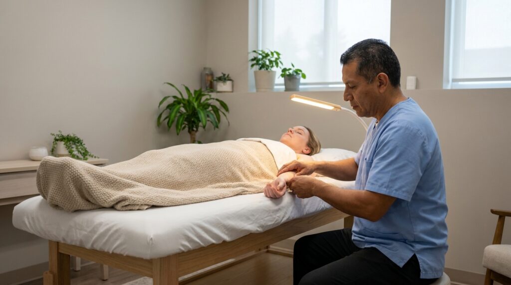 A white or latino patient rests peacefully, eyes closed, on a padded treatment table covered with fresh linens and a warm blanket, in a serene, modern acupuncture clinic room. A white or latino practitioner, dressed in clean clinical attire, gently holds the patient's wrist, as if assessing their pulse, while a focused treatment lamp illuminates the area. The patient's calm posture suggests deep relaxation and relief from sleep issues.