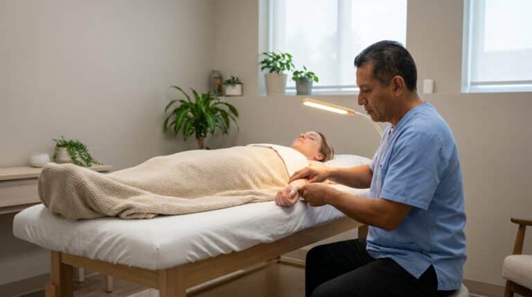 A white or latino patient rests peacefully, eyes closed, on a padded treatment table covered with fresh linens and a warm blanket, in a serene, modern acupuncture clinic room. A white or latino practitioner, dressed in clean clinical attire, gently holds the patient's wrist, as if assessing their pulse, while a focused treatment lamp illuminates the area. The patient's calm posture suggests deep relaxation and relief from sleep issues.