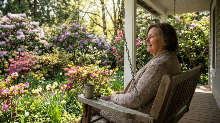 A person sits peacefully on a porch swing, looking out at a vibrant spring garden.