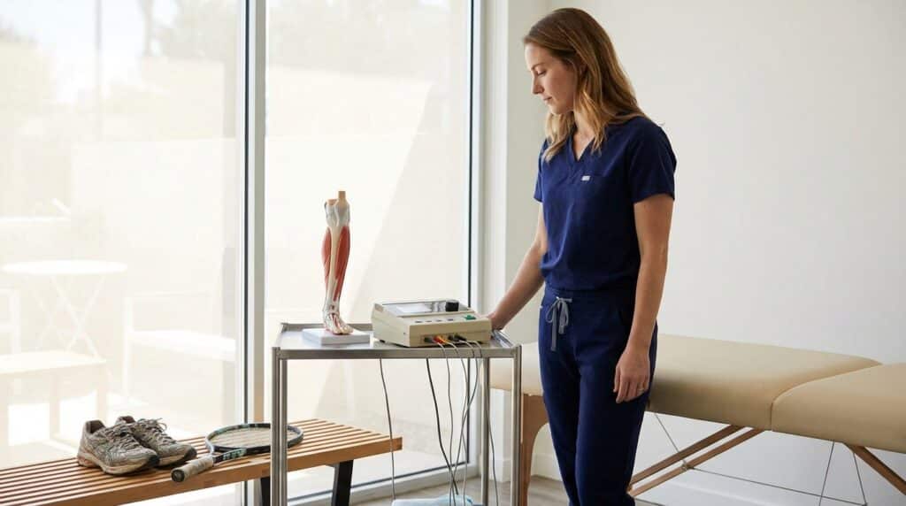 A practitioner in clinical scrubs stands beside a padded treatment table in a bright, modern clinic room. On a small rolling cart next to the table, an electroacupuncture device is visible, along with an anatomical model of the human leg. A pair of running shoes and a tennis racket are placed on a bench nearby.