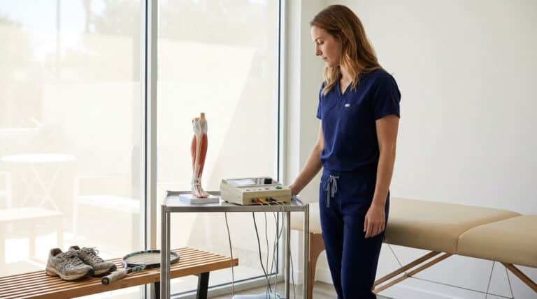 A practitioner in clinical scrubs stands beside a padded treatment table in a bright, modern clinic room. On a small rolling cart next to the table, an electroacupuncture device is visible, along with an anatomical model of the human leg. A pair of running shoes and a tennis racket are placed on a bench nearby.