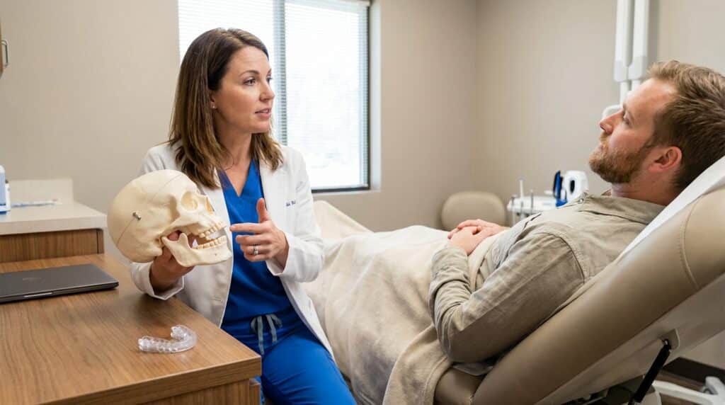 A white or latino patient rests comfortably on a padded treatment table in a modern, clinical environment. A white or latino practitioner, dressed in professional clinical wear, stands beside a desk holding an anatomical model of the human skull and jaw joint. A clear dental night guard rests on the desk, and the practitioner gestures towards the jaw of the anatomical model while speaking to the patient.