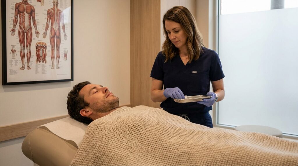 A male patient rests peacefully on his back on a padded treatment table in a modern clinic, a soft blanket draped over him. A practitioner in clinical wear stands nearby, observing a small sterile tray. On a nearby wall, a detailed anatomical chart highlighting meridian points is visible. The room features soft, indirect lighting, contributing to a calm and therapeutic atmosphere.
