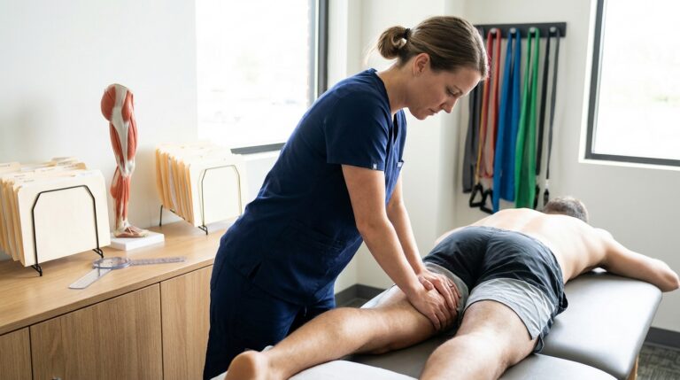 A practitioner in clinical scrubs performs a focused manual soft-tissue technique on the hamstring of an athlete lying face down on a padded treatment table. In a well-lit rehabilitation clinic, an anatomical model of the human muscular system sits on a nearby counter, alongside a goniometer and a stack of patient charts. The athlete wears athletic shorts, and resistance bands are neatly organized on a rack in the background.