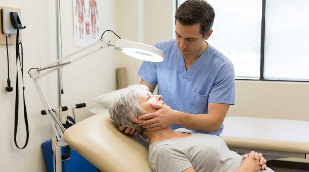 A white or latino practitioner in clinical wear gently guides the head of a white or latino older adult lying on a padded treatment table. An adjustable exam lamp is positioned nearby, illuminating the area. The scene takes place in a clean, professional physical therapy clinic room, clearly depicting a specialized balance or vertigo treatment.