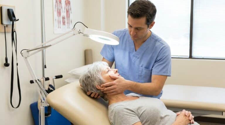 A white or latino practitioner in clinical wear gently guides the head of a white or latino older adult lying on a padded treatment table. An adjustable exam lamp is positioned nearby, illuminating the area. The scene takes place in a clean, professional physical therapy clinic room, clearly depicting a specialized balance or vertigo treatment.