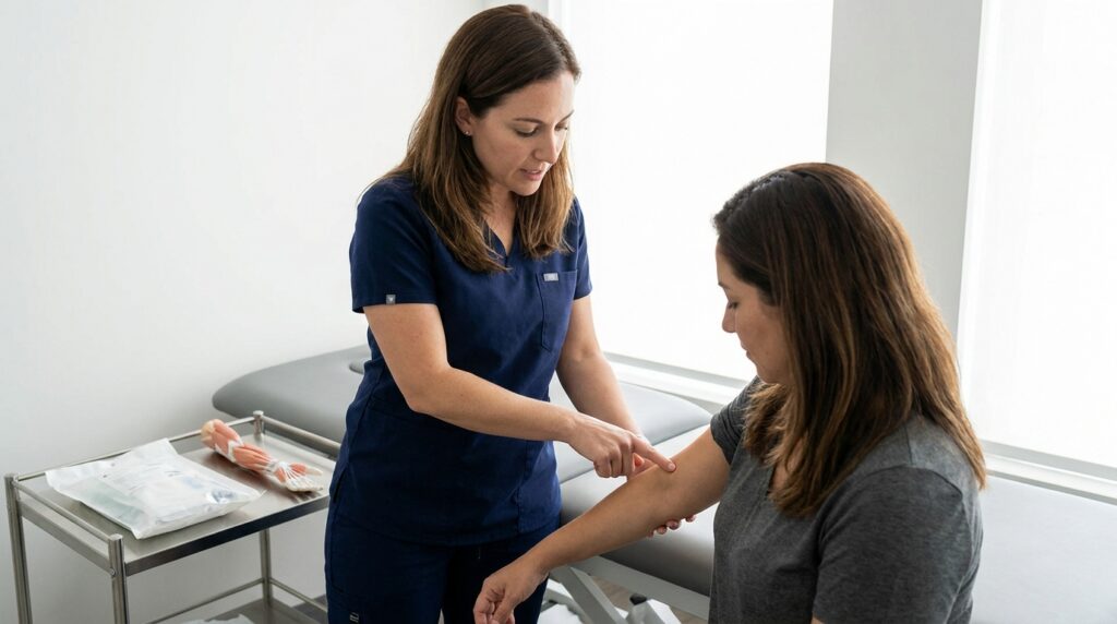 A white or latino practitioner in a modern, clinically clean treatment room stands beside a white or latino patient seated on a padded treatment table. The practitioner, in clinical scrubs, gently points to a spot on the patient's inner forearm, demonstrating a pressure point for nausea. On a nearby sterile cart, a sealed package of acupuncture needles and a small anatomical model of the human arm are visible.