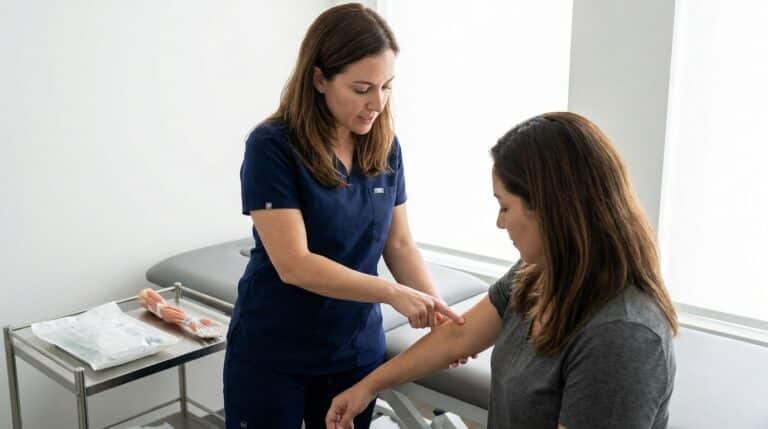 A white or latino practitioner in a modern, clinically clean treatment room stands beside a white or latino patient seated on a padded treatment table. The practitioner, in clinical scrubs, gently points to a spot on the patient's inner forearm, demonstrating a pressure point for nausea. On a nearby sterile cart, a sealed package of acupuncture needles and a small anatomical model of the human arm are visible.