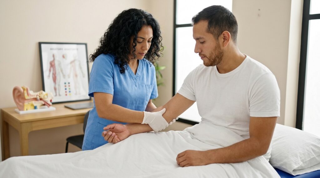 A white or latino practitioner in clinical attire gently applies thumb pressure to the inner forearm of a white or latino client, who is comfortably seated on a padded treatment table with fresh white linens. The clean, modern clinic room includes a desk with an anatomical model of the inner ear and a chart illustrating key human pressure points.