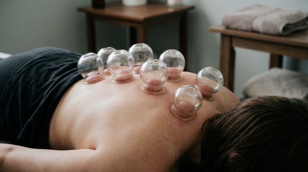 Several glass or silicone cups are placed on a person's upper back, creating visible suction.