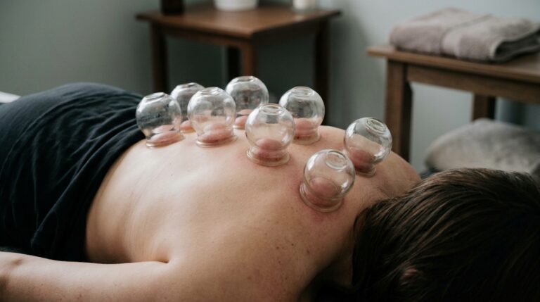 Several glass or silicone cups are placed on a person's upper back, creating visible suction.
