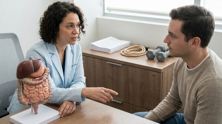 A practitioner in a clinic jacket consults with a patient in a modern office, gesturing towards a large anatomical model of the human digestive tract on the desk. On a credenza nearby, a stack of printed exercise plans is visible next to a light resistance band and a small set of hand weights.