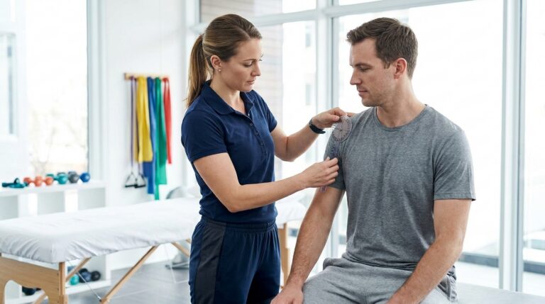 A licensed physical therapist, dressed in professional athletic wear, assesses a patient's shoulder range of motion using a goniometer in a modern physical therapy clinic. In the background, a padded treatment table is visible alongside specialized exercise equipment like resistance bands and light weights.