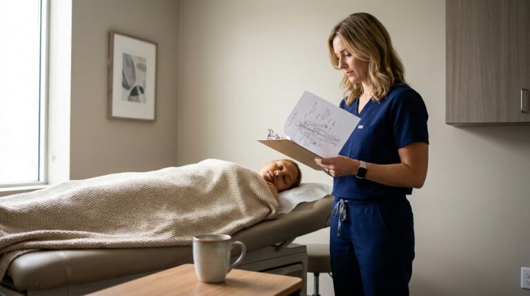 A person rests comfortably on a padded treatment table in a clean, professional clinic room, covered with a light blanket. A cup of herbal detox tea sits on a small side table nearby. A practitioner in clinical attire stands by, reviewing a patient chart on a clipboard, which includes a subtle diagram of meridian points and notes on post-acupuncture care and monitoring.