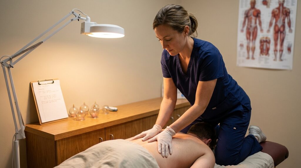 A practitioner in a clinical uniform applies targeted manual pressure to a patient's lower back, who lies prone on a padded treatment table. An adjustable exam lamp illuminates the area, highlighting the focused therapeutic work. On a nearby counter, a set of cupping tools rests next to patient notes on a clipboard, indicating a structured clinical session. An anatomical poster illustrating muscle groups hangs on the wall, emphasizing the medical and musculoskeletal focus of the treatment.