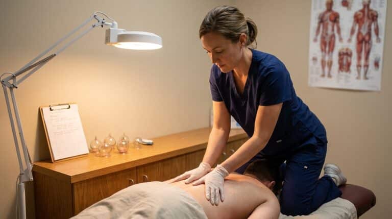 A practitioner in a clinical uniform applies targeted manual pressure to a patient's lower back, who lies prone on a padded treatment table. An adjustable exam lamp illuminates the area, highlighting the focused therapeutic work. On a nearby counter, a set of cupping tools rests next to patient notes on a clipboard, indicating a structured clinical session. An anatomical poster illustrating muscle groups hangs on the wall, emphasizing the medical and musculoskeletal focus of the treatment.