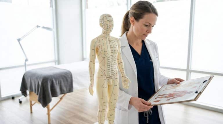 A full-size anatomical human model, marked with acupuncture points and meridians, stands prominently in a clean, modern acupuncture clinic. A white or latino practitioner in clinical attire reviews a detailed anatomical chart nearby, while a padded treatment table with fresh linens and an adjustable exam lamp occupy the background.