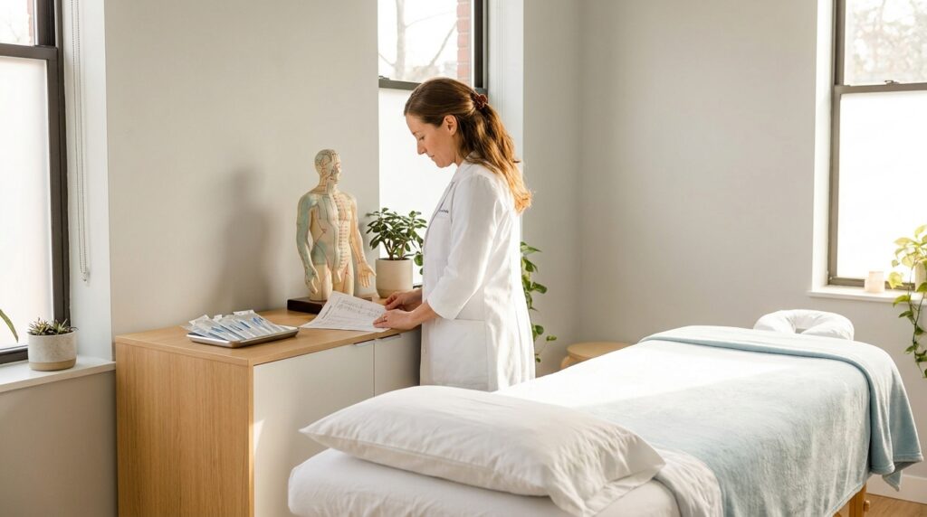 A modern acupuncture clinic room features a clean, padded treatment table with fresh linens. On a nearby counter, a practitioner in clinical wear reviews a patient's chart next to an anatomical model of a human torso, clearly marked with meridian lines. A small, sterile tray holds several unopened packages of single-use acupuncture needles, indicating the specialized treatment.