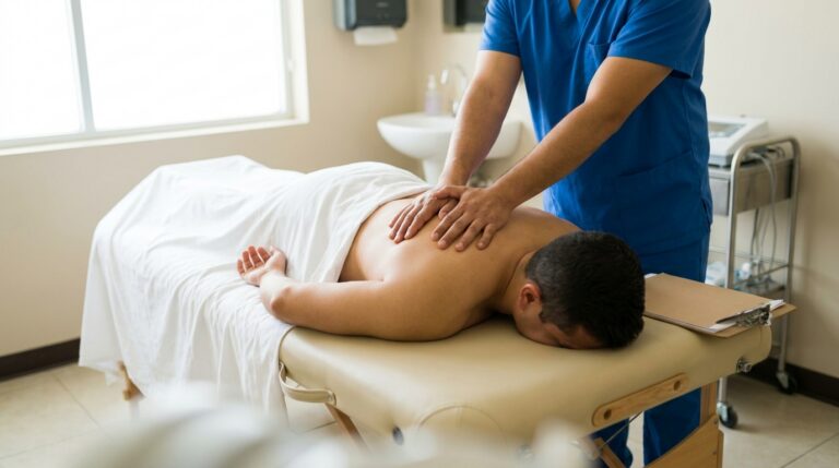 A practitioner in medical scrubs applies focused manual pressure to a patient's upper back, who is lying face down on a professional padded treatment table. A clipboard with a patient chart rests on a nearby stool. The clinically clean treatment room is brightly lit, emphasizing the therapeutic focus.