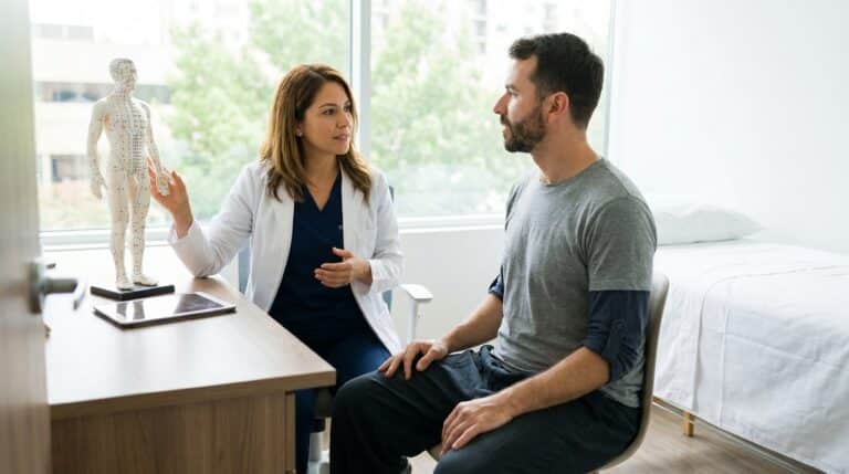 An acupuncturist in clinical wear sits opposite a patient in a modern, brightly lit consultation room. The patient wears loose, comfortable clothing with sleeves rolled to the elbows. The acupuncturist gestures towards a human anatomical model, clearly marked with acupuncture points, on the desk between them. A padded treatment table with fresh linens is visible in the background.