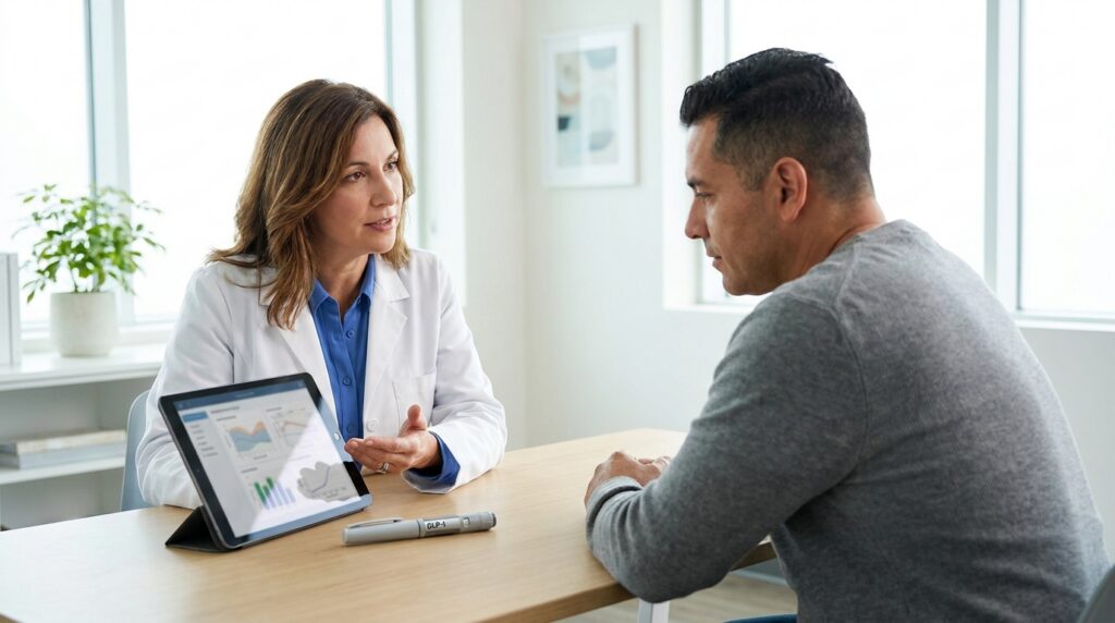 A white or latino medical practitioner, wearing a lab coat, sits at a desk in a bright, modern consultation room. On the desk, a digital tablet displays patient information, positioned next to a GLP-1 pen injector device. The practitioner gestures toward the tablet while engaging in a discussion with a white or latino patient seated across from them.