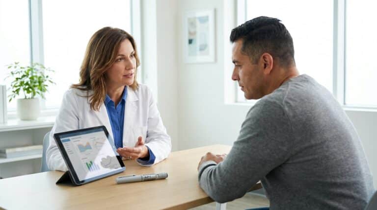 A white or latino medical practitioner, wearing a lab coat, sits at a desk in a bright, modern consultation room. On the desk, a digital tablet displays patient information, positioned next to a GLP-1 pen injector device. The practitioner gestures toward the tablet while engaging in a discussion with a white or latino patient seated across from them.