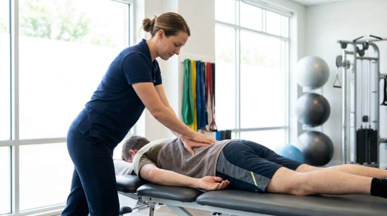 A physical therapist in clinical wear gently applies a hands-on technique to a patient's lower back. The patient lies prone on a padded treatment table within a clean physical therapy clinic. Exercise equipment like resistance bands or stability balls are visible in the background, reinforcing the rehab setting.