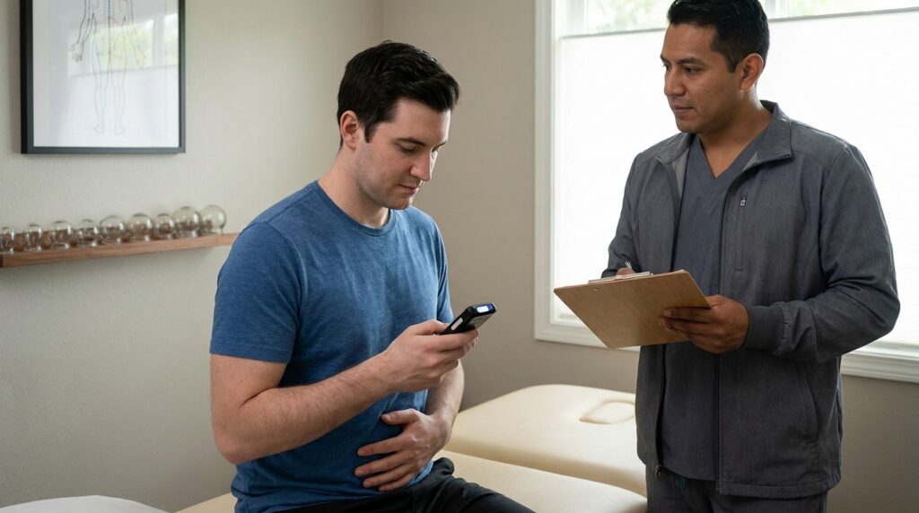 A patient with white or Latino skin tone sits upright on a padded treatment table in a modern, clean acupuncture clinic room. They rest one hand gently on their lower abdomen, while holding a small, sleek biofeedback device in the other, observing its display. A practitioner in clinical wear stands nearby, observing the patient and holding a clipboard. On a nearby shelf, a set of cupping cups is neatly arranged, and a modern, non-Asian-themed meridian chart hangs on the wall.