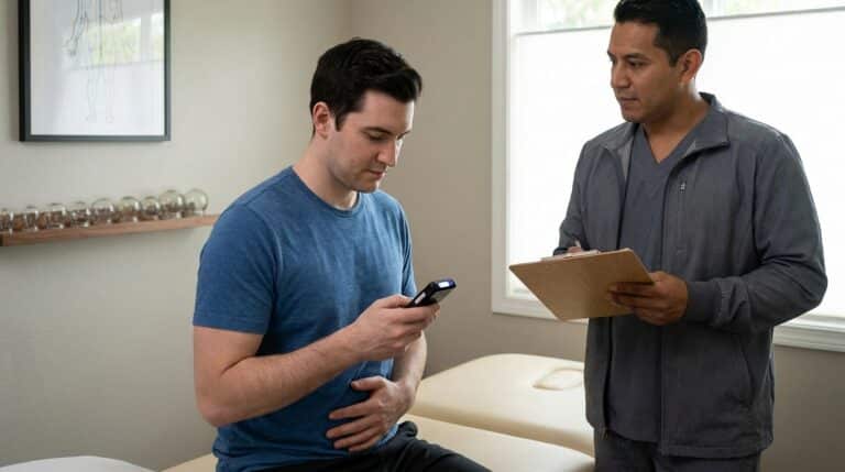 A patient with white or Latino skin tone sits upright on a padded treatment table in a modern, clean acupuncture clinic room. They rest one hand gently on their lower abdomen, while holding a small, sleek biofeedback device in the other, observing its display. A practitioner in clinical wear stands nearby, observing the patient and holding a clipboard. On a nearby shelf, a set of cupping cups is neatly arranged, and a modern, non-Asian-themed meridian chart hangs on the wall.