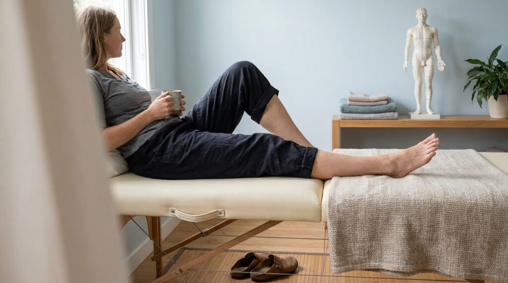 A person sits comfortably on a padded treatment table in a serene acupuncture room. They wear loose-fitting cotton pants with the cuffs rolled up to their knees and a soft, short-sleeved top with sleeves pushed to the elbows. Slip-on shoes rest neatly on the floor beside the table. On a nearby shelf, a human anatomical model clearly displays meridian lines.