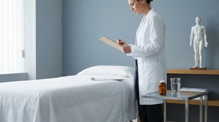 A modern, clean acupuncture treatment room features a padded table draped with fresh white linens. On a small, sterile side table rests a bottle of over-the-counter pain relievers. A practitioner in a clean tunic or lab coat is seen reviewing a chart on a clipboard near the padded table. An anatomical model displaying acupuncture points is visible on a shelf in the background.