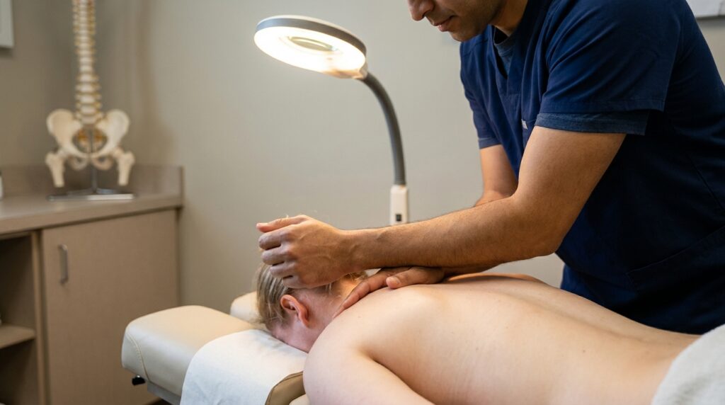 A practitioner in clinical scrubs performs targeted deep tissue work on a client's shoulder and neck, who is lying prone on a padded treatment table. An adjustable task lamp focuses light on the area, and a human spine model is visible on a cabinet in the background, signaling a therapeutic, anatomical focus.