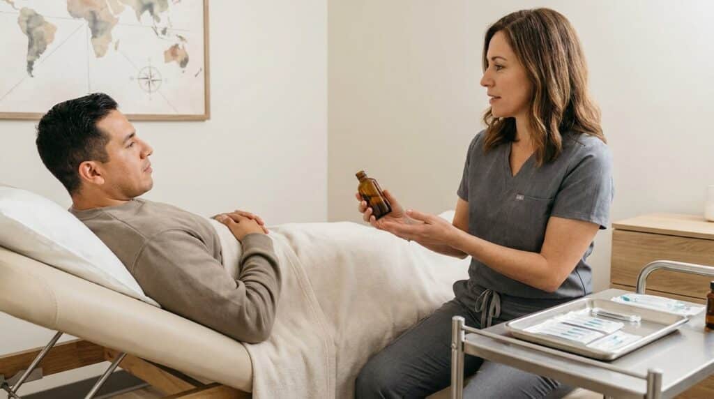 A practitioner in clinical wear stands beside a customer resting comfortably on a padded treatment table in a serene, modern acupuncture clinic. The practitioner holds up a small, labeled bottle of herbal drops, perhaps explaining its use for digestive comfort, while a sterile tray with packaged acupuncture needles rests on a nearby rolling cart. In the background, a framed world map or a subtle travel-themed print reinforces the context of motion sickness.