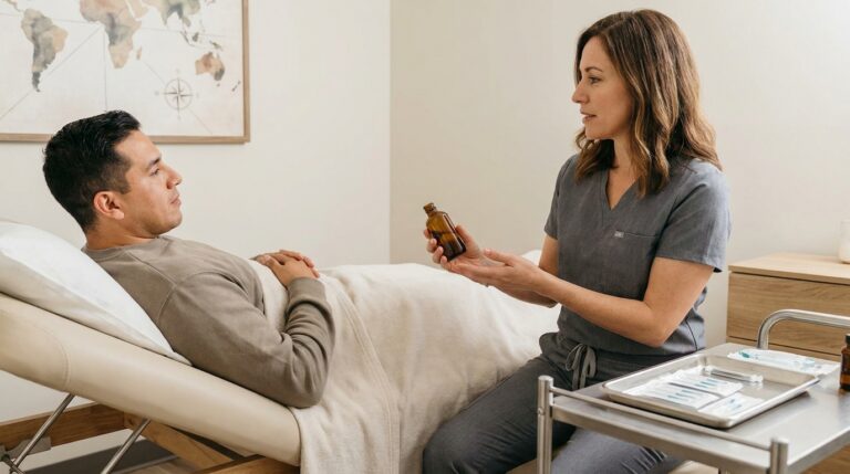 A practitioner in clinical wear stands beside a customer resting comfortably on a padded treatment table in a serene, modern acupuncture clinic. The practitioner holds up a small, labeled bottle of herbal drops, perhaps explaining its use for digestive comfort, while a sterile tray with packaged acupuncture needles rests on a nearby rolling cart. In the background, a framed world map or a subtle travel-themed print reinforces the context of motion sickness.