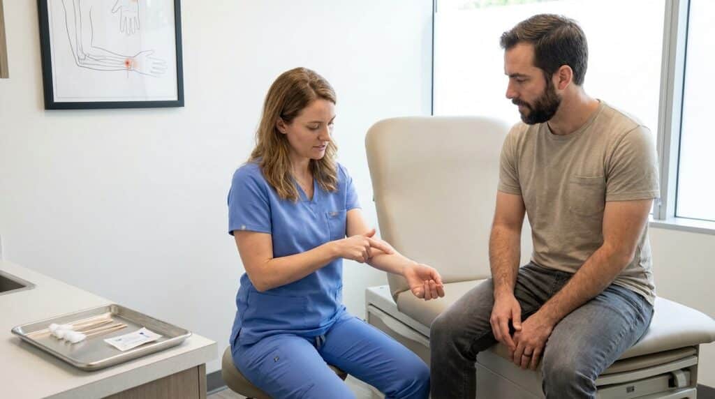 A white or latino practitioner in clinical wear gently demonstrates an acupressure point on their own inner forearm to a white or latino patient seated on a padded treatment table. On a sterile tray nearby, cotton swabs are neatly arranged. A clear diagram illustrating the P6 acupressure point is visible on a wall chart. The modern, bright clinic setting clearly signifies a professional health environment.