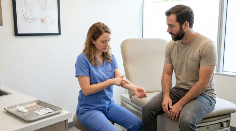 A white or latino practitioner in clinical wear gently demonstrates an acupressure point on their own inner forearm to a white or latino patient seated on a padded treatment table. On a sterile tray nearby, cotton swabs are neatly arranged. A clear diagram illustrating the P6 acupressure point is visible on a wall chart. The modern, bright clinic setting clearly signifies a professional health environment.