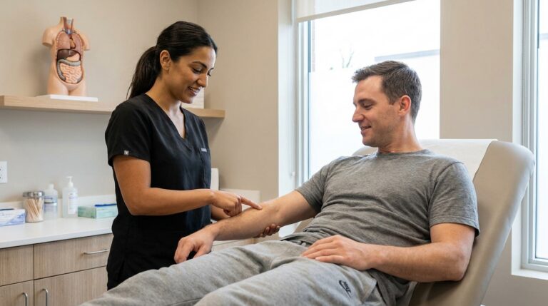 A white or latino practitioner in clinical wear consults with a white or latino patient reclining on a padded treatment table in a modern clinic room. An anatomical model of the human digestive tract sits prominently on a nearby shelf. The practitioner gently points to an acupressure point on the patient's forearm, demonstrating a technique for nausea relief.