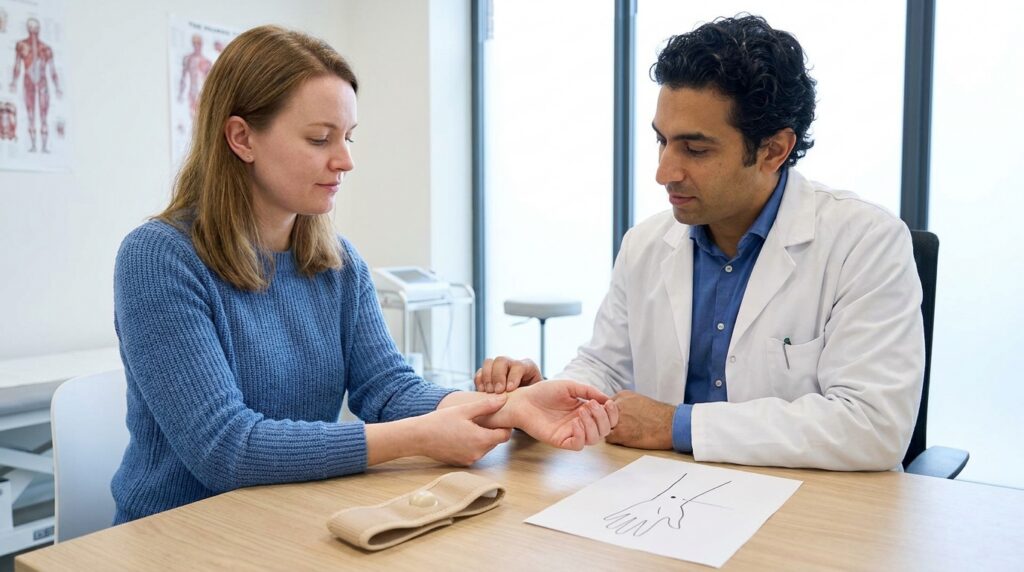 A person is seated in a modern, brightly lit clinic room, gently pressing their thumb onto the inner wrist of their other arm, about three finger-widths above the wrist crease. On the clean desk in front of them, an acupressure wristband and a simple diagram illustrating the P6 point location are visible. A practitioner in a white lab coat stands nearby, observing the person's technique.