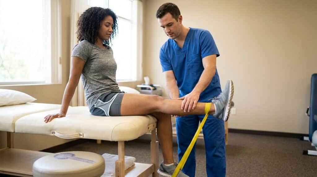 A person is seated on a padded physical therapy treatment table, performing a knee extension exercise with a resistance band looped around their ankle. A physical therapist in clinical wear stands nearby, gently guiding the movement of the person's lower leg. The scene highlights the controlled motion of the knee joint during rehabilitation.