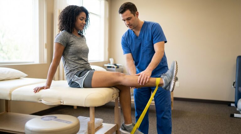 A person is seated on a padded physical therapy treatment table, performing a knee extension exercise with a resistance band looped around their ankle. A physical therapist in clinical wear stands nearby, gently guiding the movement of the person's lower leg. The scene highlights the controlled motion of the knee joint during rehabilitation.